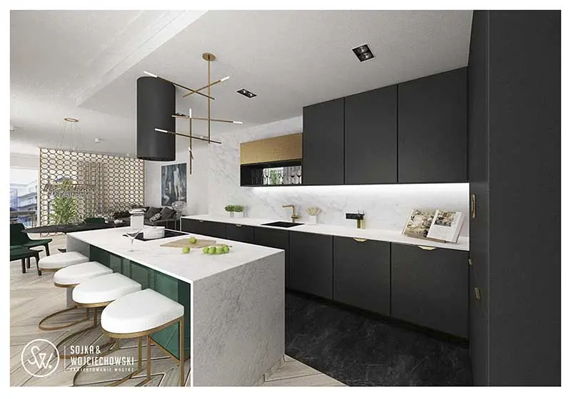 Złota lampa oświetlająca wyspę | Projekt Sojka & Wojciechowski