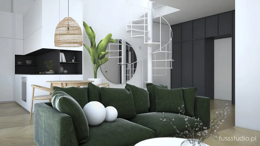 Salon z zieloną welurową sofą | Fuss Studio