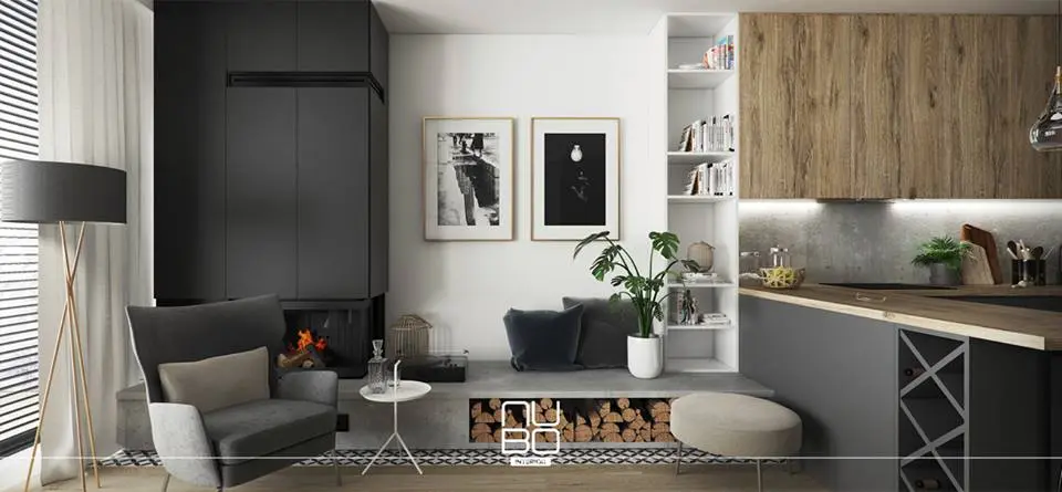 Przytulny salon z kominkiem | Pracownia Nubo