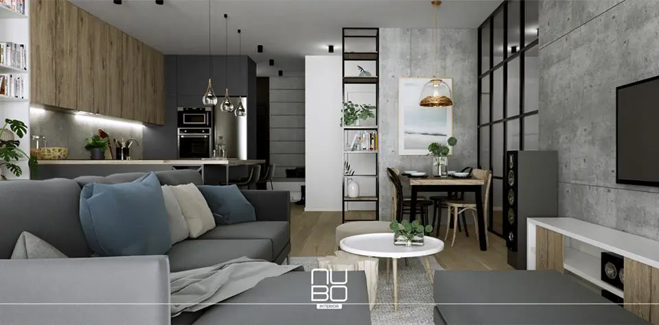 Salon w szarościach z otwartą kuchnią