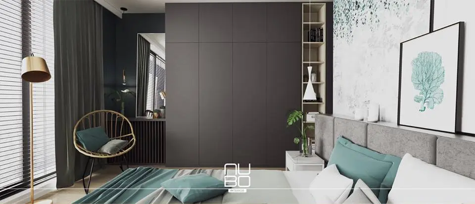 Sypialnia w szarościach z turkusowymi dodatkami