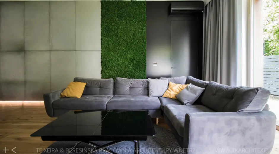 Salon z zieloną ścianą | proj. TK Architekci