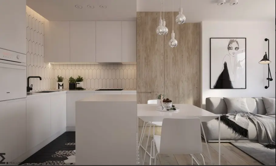 Biała kuchnia z wyspą otwarta na salon | proj. Elementy