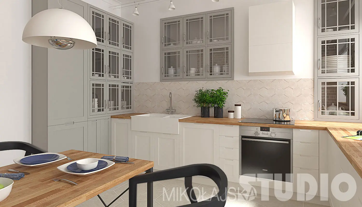 Szaro-biała kuchnia z białymi płytkami nad blatem