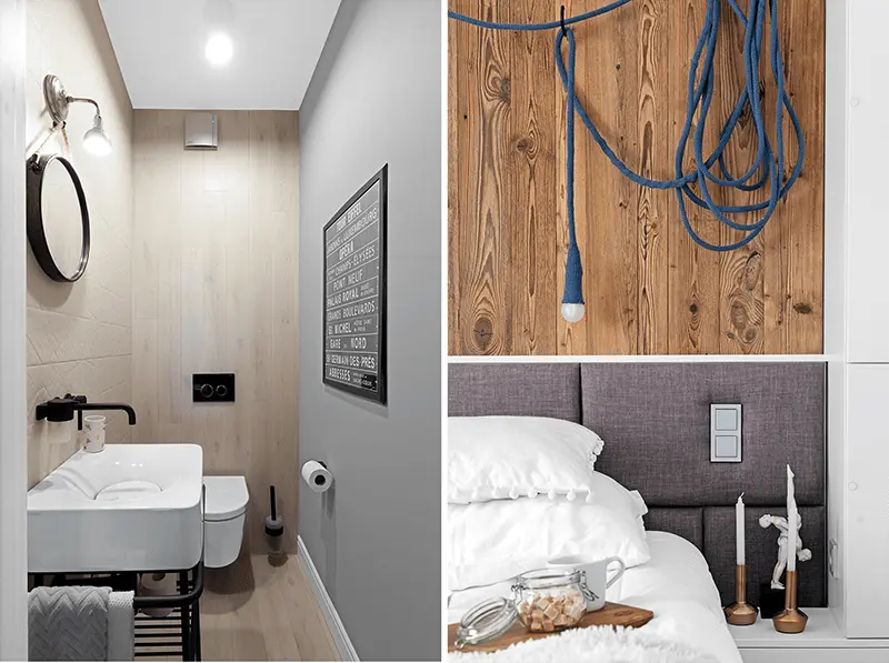 Powtarzającym się motywem w tym projekcie jest ponadczasowe drewno