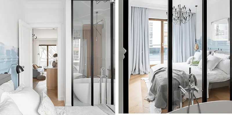 Sypialnia z łazienką za przeszkleniem
