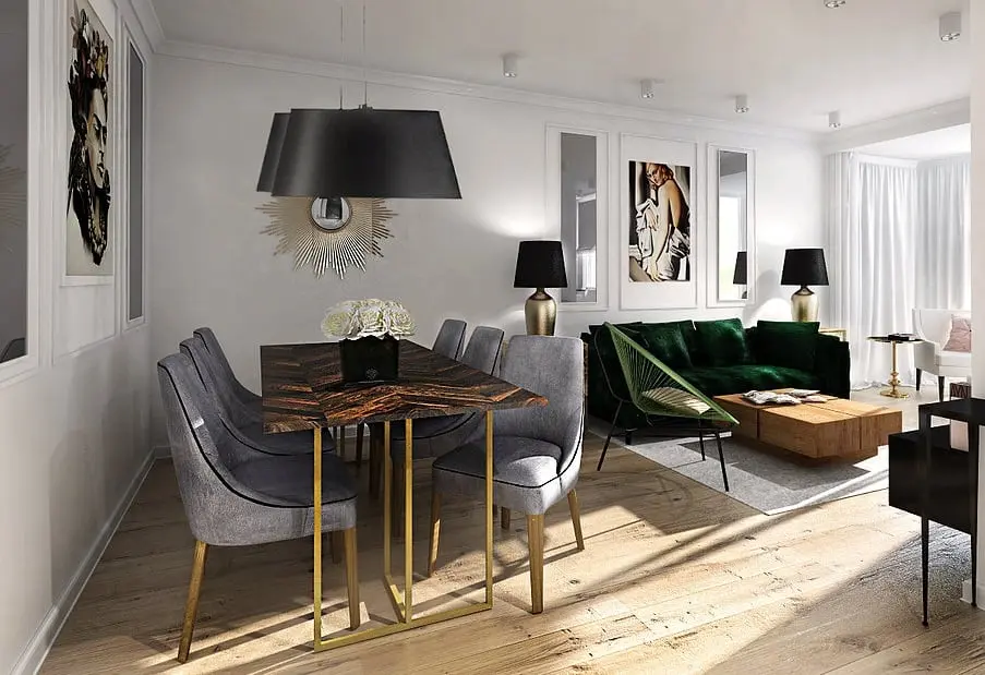 Jadalnia utrzymana w szarościach z drewnianym stołem