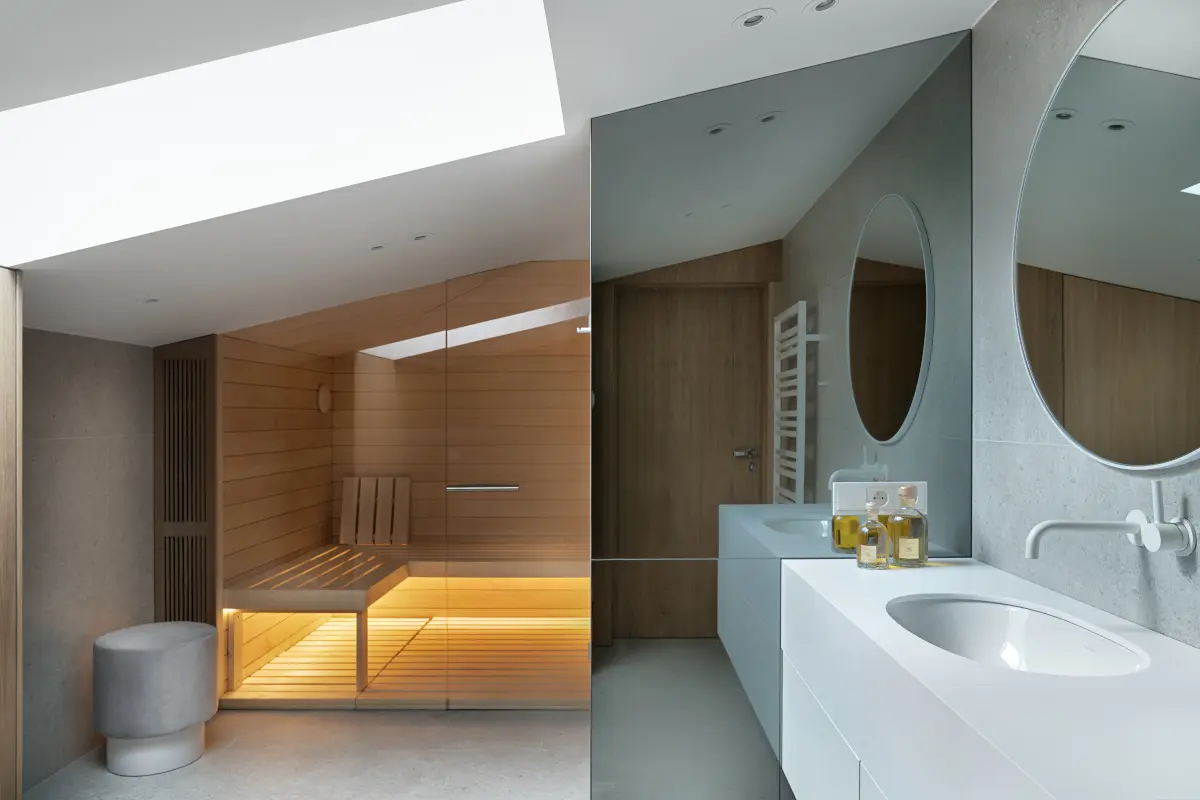 Łazienka z sauną | proj. Katarzyna Kraszewska, zdj. Tom Kurek, stylizacja: Eliza Mrozińska, Nina Kalicka