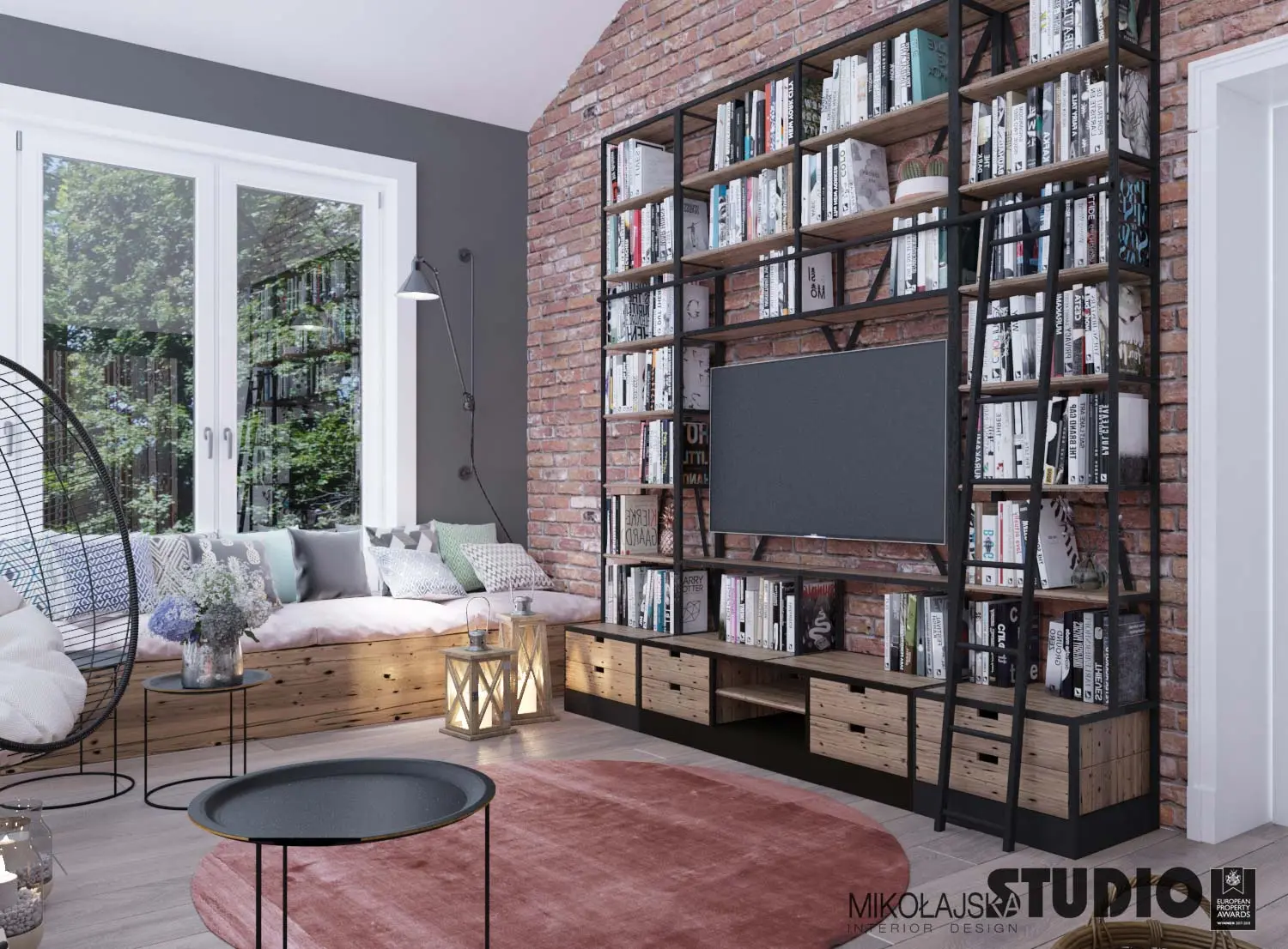Projekt salonu w stylu boho z kominkiem | Mikołajska Studio