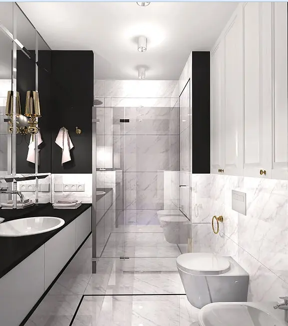 Wysoko – połyskowe płytki w małej łazience | proj. ZAZA Studio