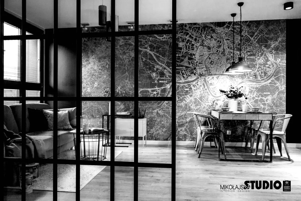 Salon widziany z sypialni, proj. Mikołajska Studio