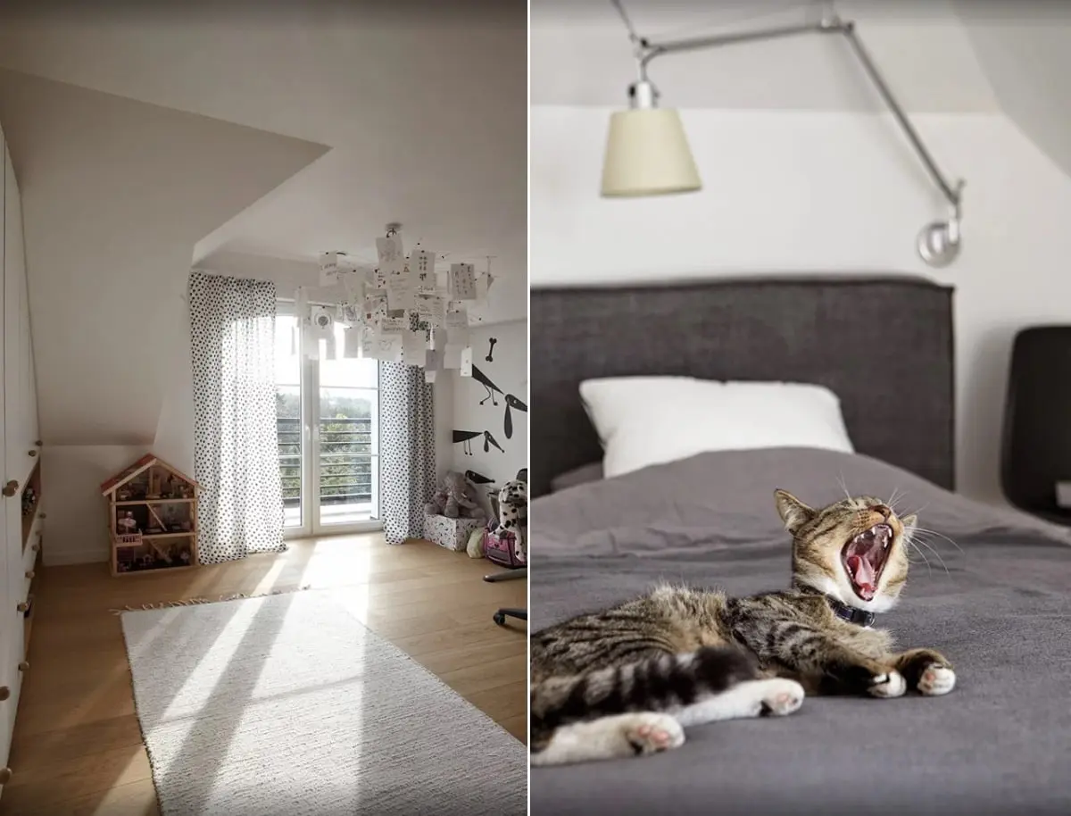 Sypialnia ze słodkim domownikiem, proj. Ev Architects