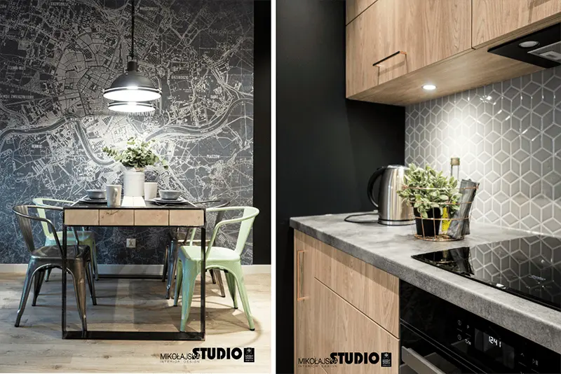 Szlachetnie wykończona kuchnia z loftową jadalnią,proj. Mikołajska Studio