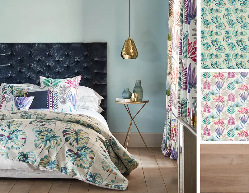 Moodboard z tkaninami z linii Zapara (Harlequin) wzbogacony drewnianą deską od Charme Parquet