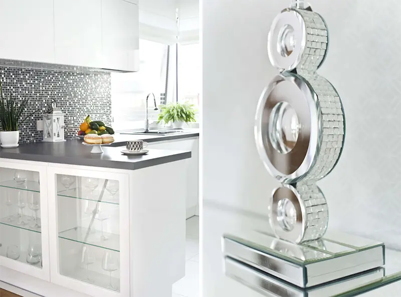 Kuchnia z mozaiką w stylu skandi glam