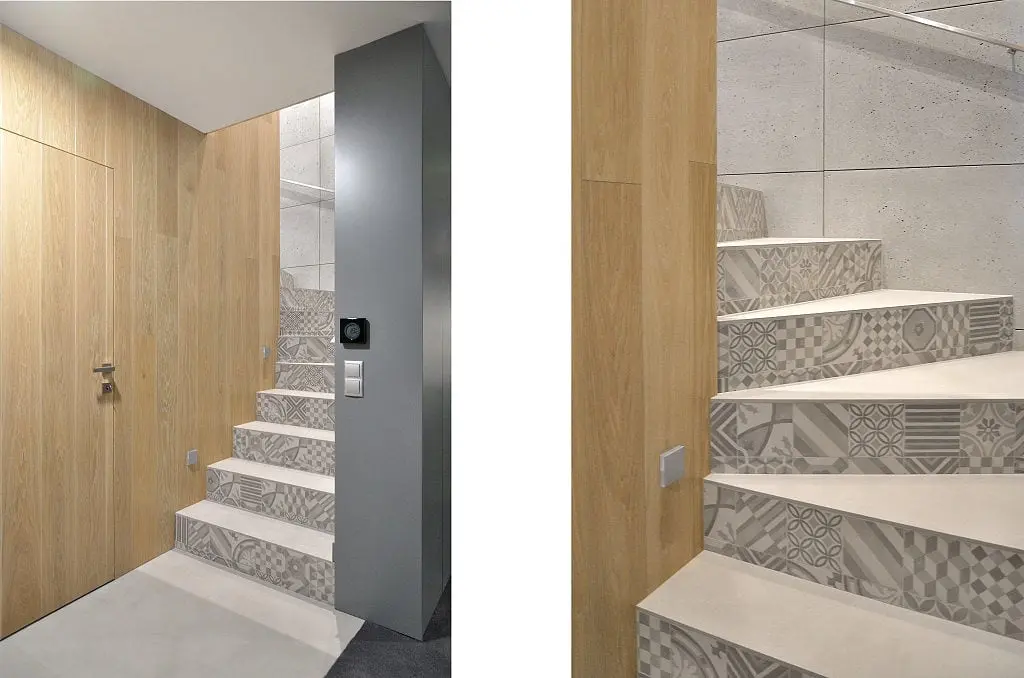 Nietuzinkowe schody wyłożone patchworkowymi płytkami