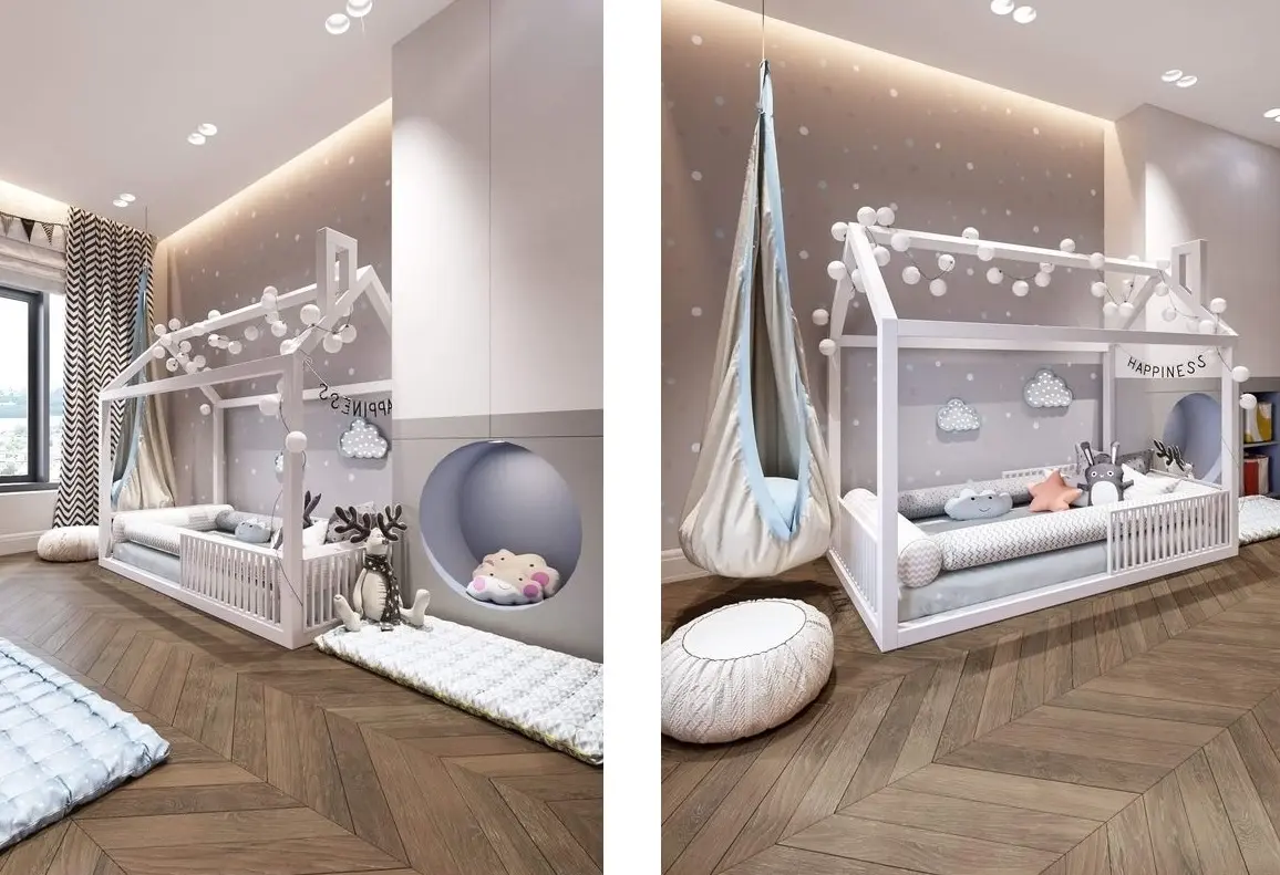 Pokój dziecięcy z zasłonami w chevron