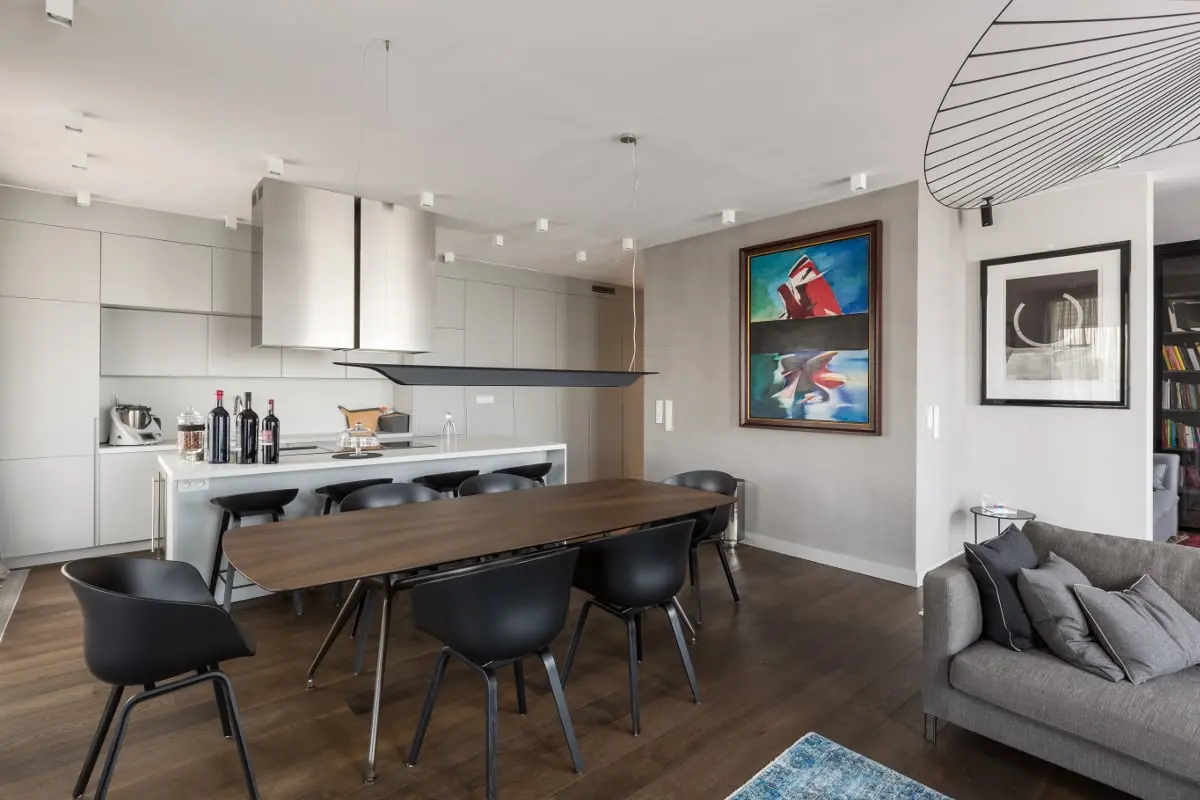 Kuchnia otwarta na salon z jadalnią | proj. Dmowska Design