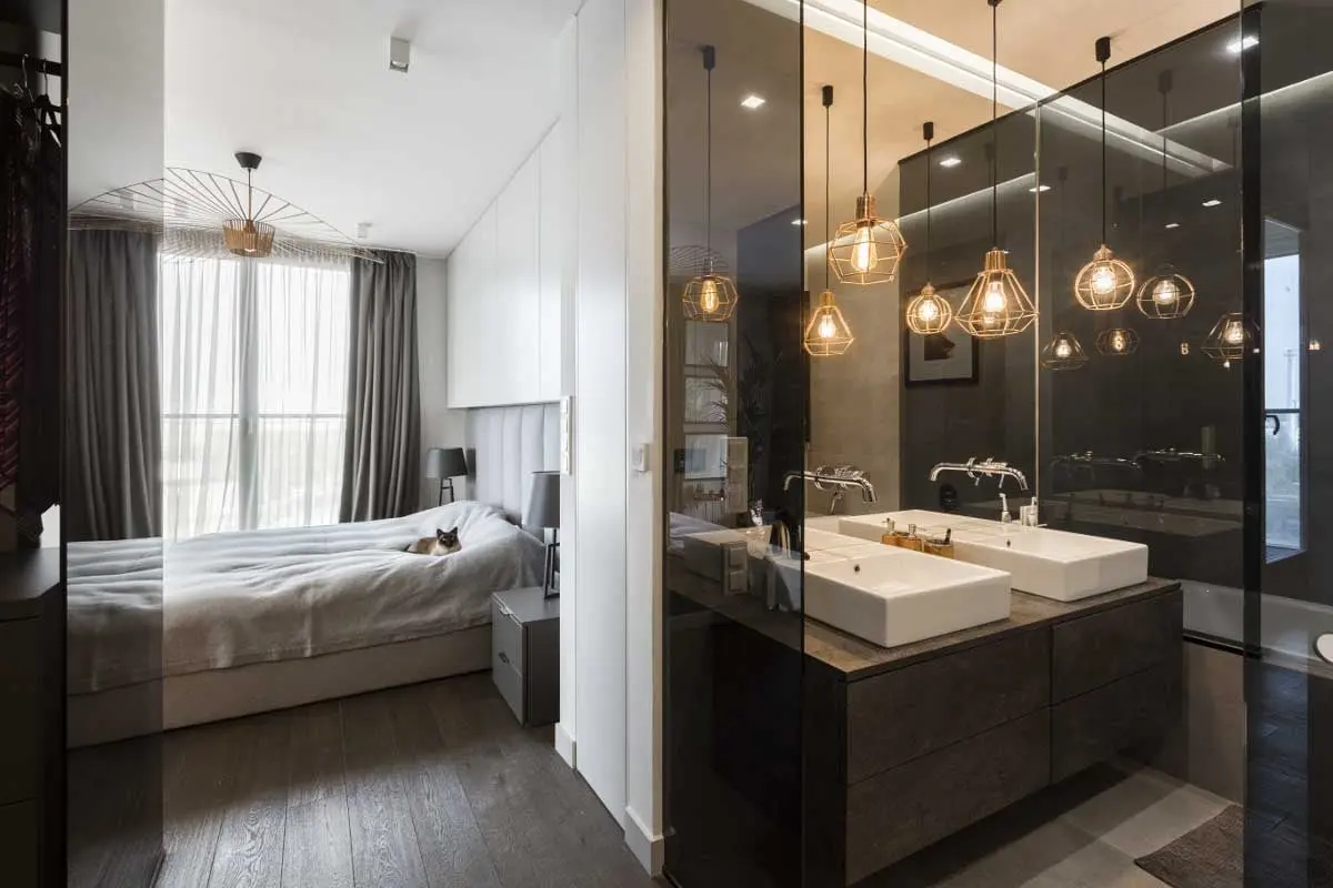 Sypialnia z garderobą i łazienką | proj. Dmowska Design