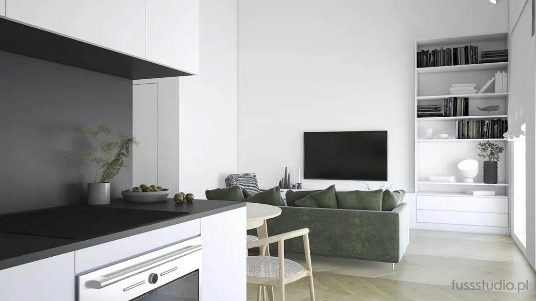 Biała kuchnia otwarta na salon i jadalnię | FUss Studio