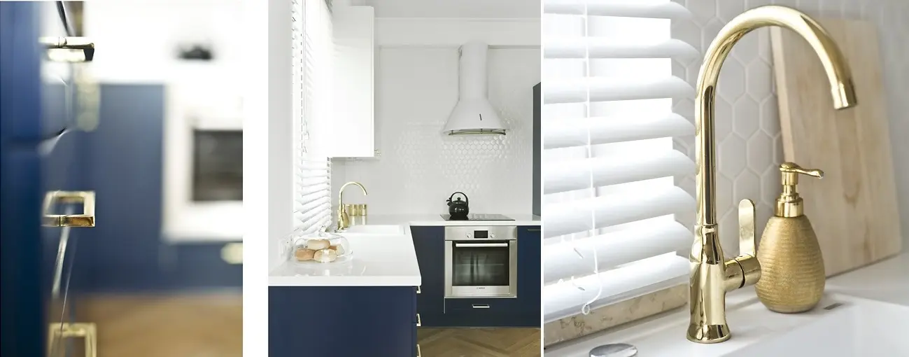 Projekt kuchni ze złotymi elementami | Architekt Miskiewicz