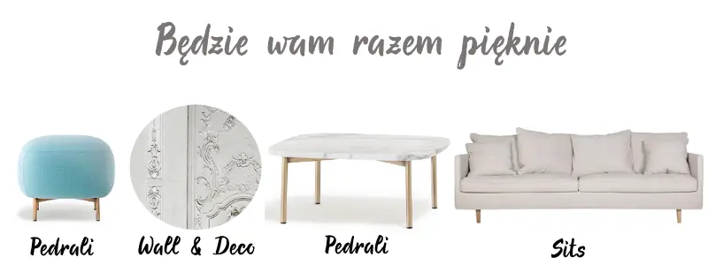 Puf i stolik kawowy – Pedrali | Tapeta – Wall & Deco | Sofa – Sits