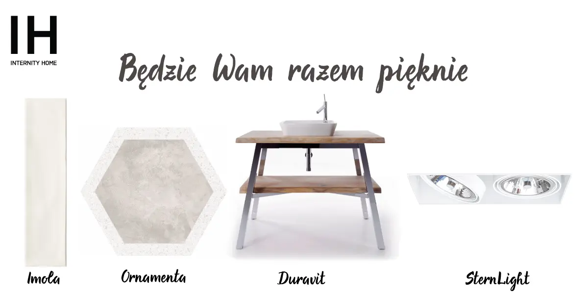 Płytka Imola | Płytka heksagon w delikatny wzór lastryko | Szafka pod umywalkę Duravit | Oprawa wpuszczana SternLight