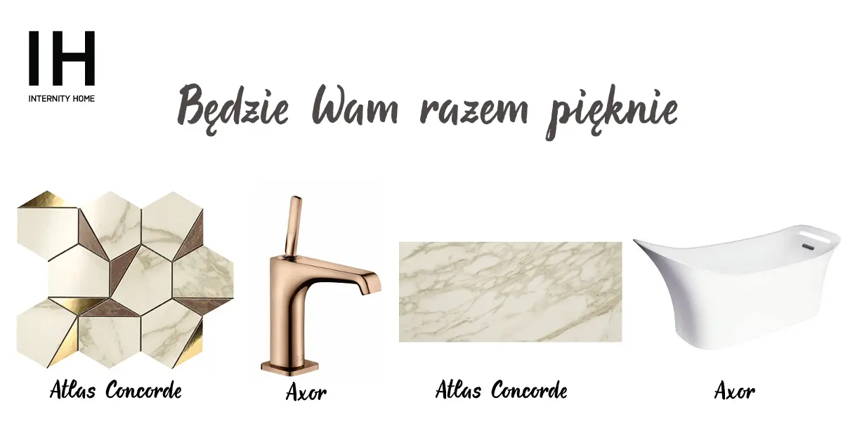 Płytki ścienne Atlas Concorde | Złota bateria umywalkowa Axor | Płytki Atlas Concorde | Wanna wolno stojąca Axor