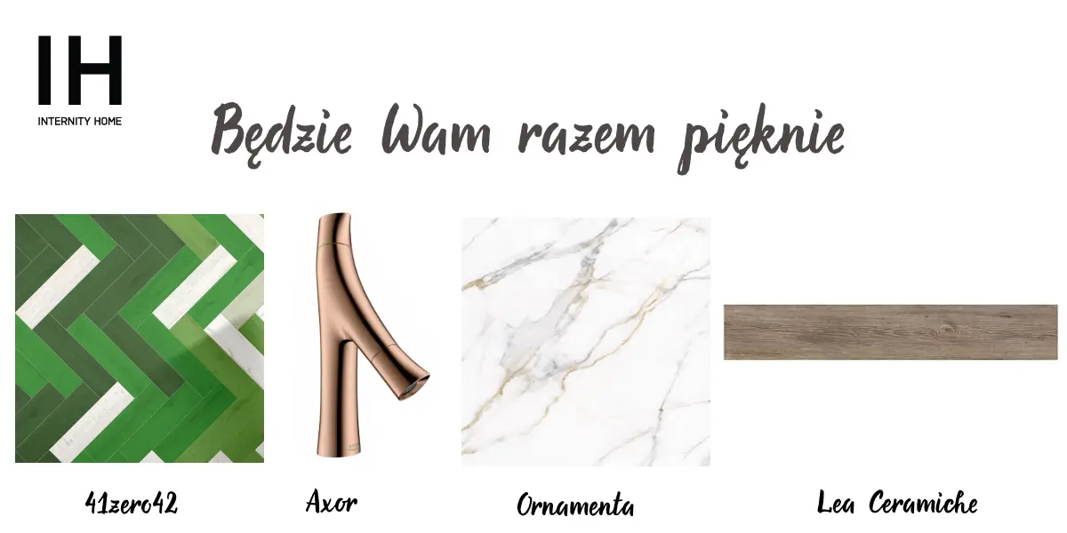 Płytki 41zero42 | Złota bateria umywalkowa Axor | Marmurowa płytki z akcentami złota Ornamenta | Drewnopodobna płytka Lea Ceramiche