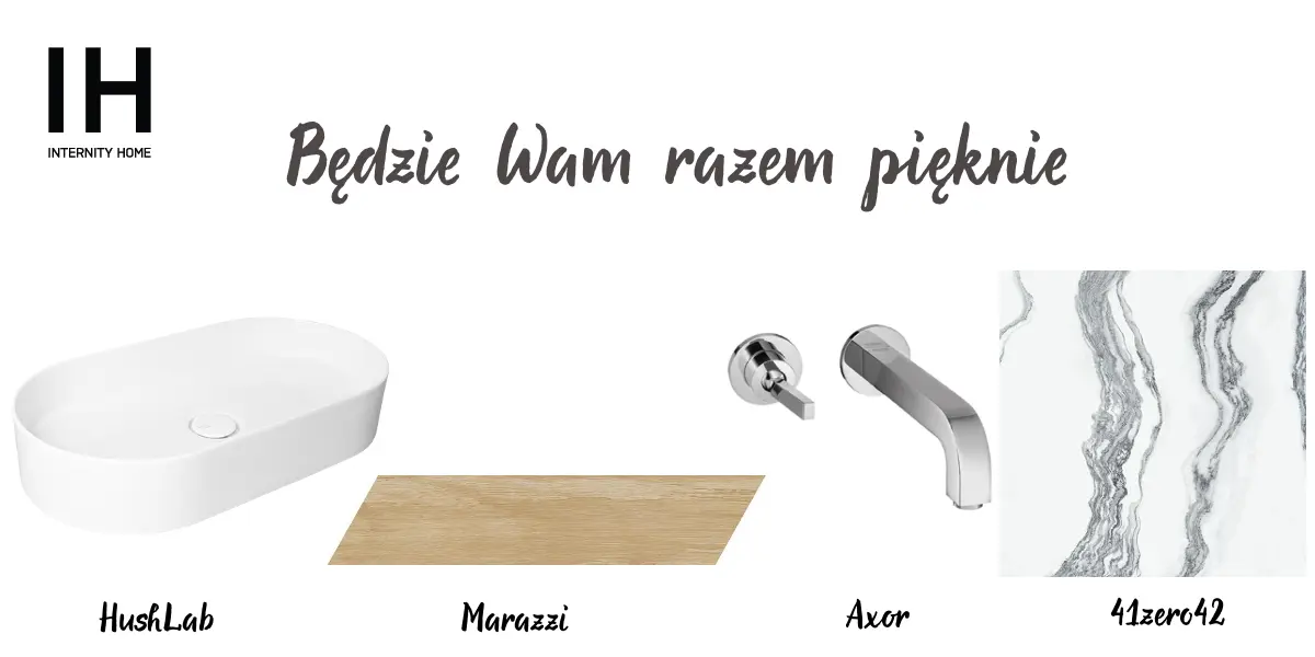 Umywalka HushLab | Ścięta płyta drewnopodobna Marazzi | Bateria umywalkowa Axor | Marmurowa płytka 41zero42
