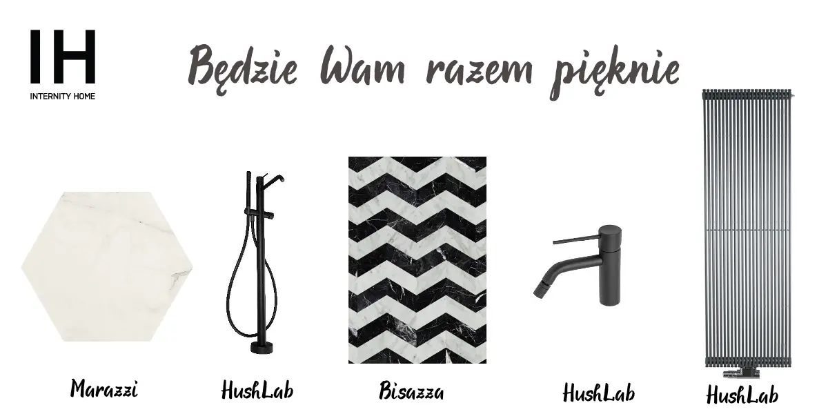 Płytka heksagonalna Marazzi | Bateria wannowa HushLab | Płytki w chevron Bisazza | Bateria bidetowa HushLab | Grzejnik dekoracyjny HushLab