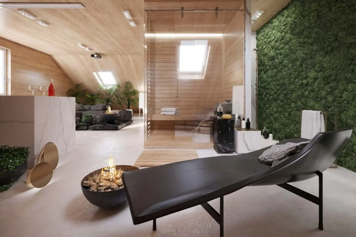 Salon kąpielowy ze ścianą zieleni | proj. Kando_Architects