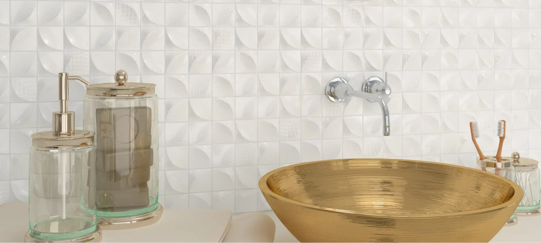 Producent Dune płytki oraz umywlka złota w nowoczesnje łazience