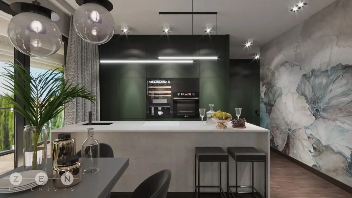 Projekt kuchni z tapetą wodoodporną od Wall &amp; Deco, którą możecie zamówić w naszych showroomach (proj. Zen Interiors)