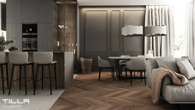 Tilla Architects proejkt salonu otwrtego na kuchnię i jadalnię