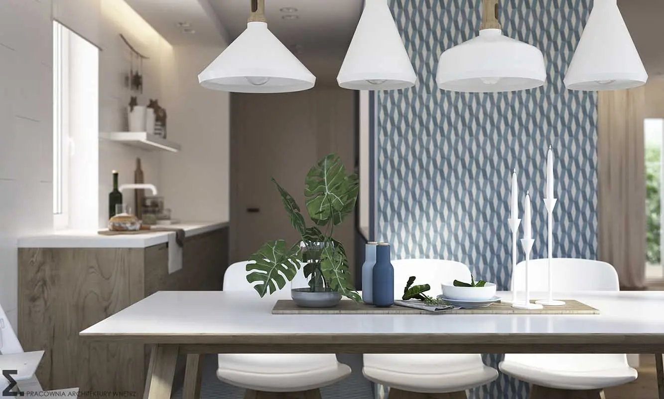 Projekt kuchni pracowni Elementy z wykorzystaniem płytek Mutina kolekcja Azulej