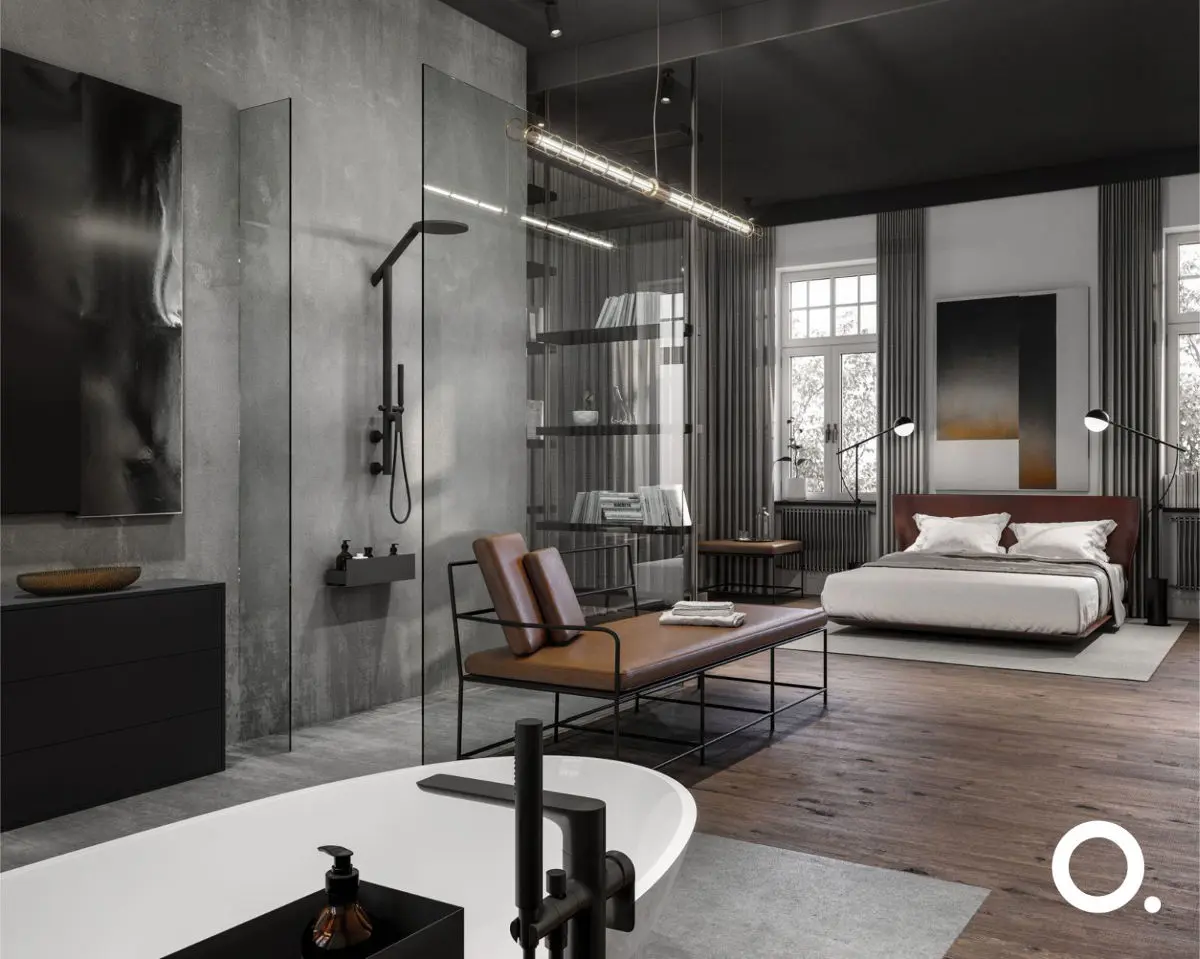 Czarna armatura w łazience otwartej na sypialnię w projekcie Studio.O