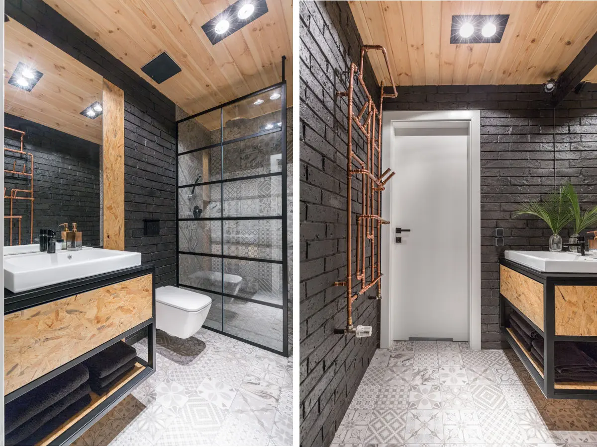 Szara łazienka + drewno i niespotykane meble z płyty OSB | proj. One Design Monika Pniewska