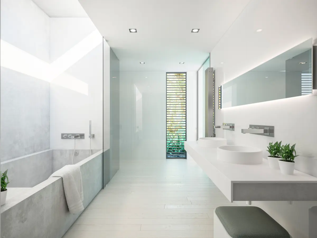 Cała łazienka włącznie z wanną wykonana z płytek wielkoformatowych X Light Premium Moon marki Urbatek