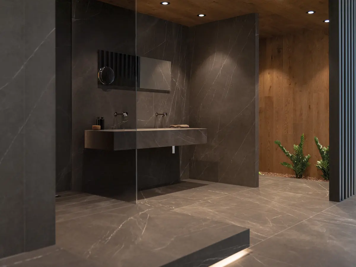 Łazienka w stylu minimalistycznym z płytkami X Light Premium Savage marki Urbatek