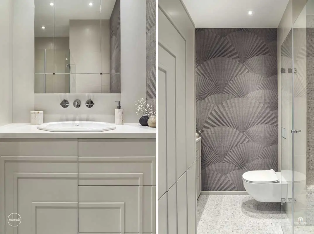 Szara łazienka z tapetą | proj. Hamak, zdj. Tom Kurek