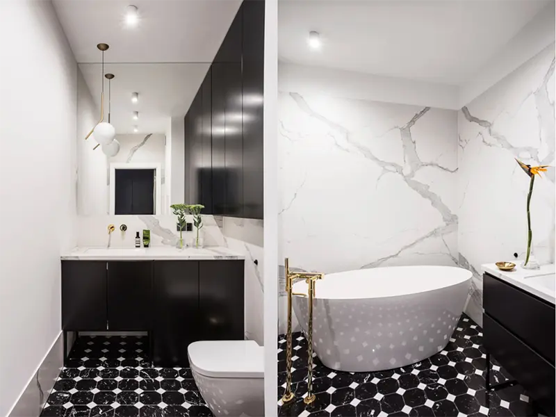 Piękny projekt łazienki z kultową lampą Flosa | proj. Lulkowska Studio