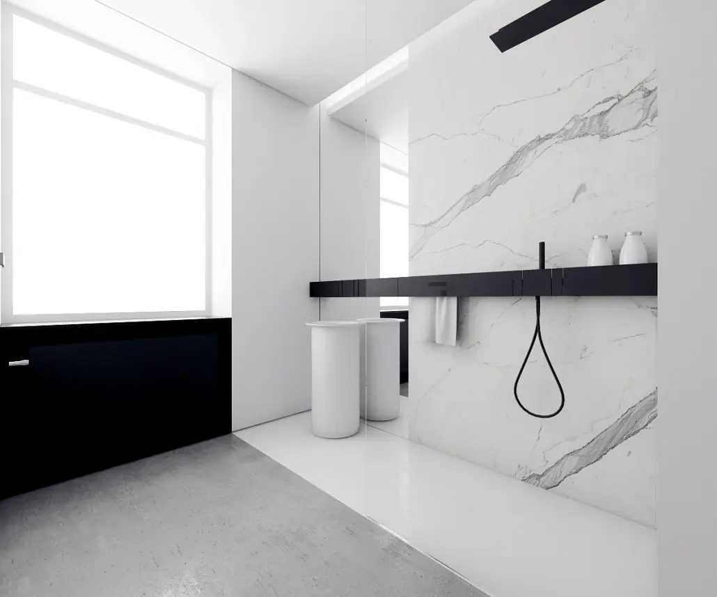 Łazienka w stylu minimalistycznym z grzejnikiem Niva wkomponowanym w aranżację | proj. Inuti