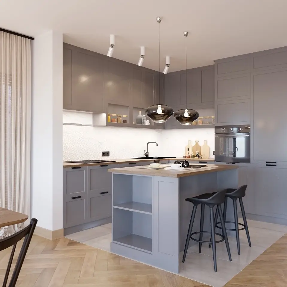 boho studio | Szara kuchnia z funkcjonalną wyspą