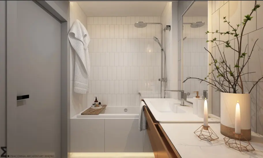 Płytki białe typu metro ułożone pionowo