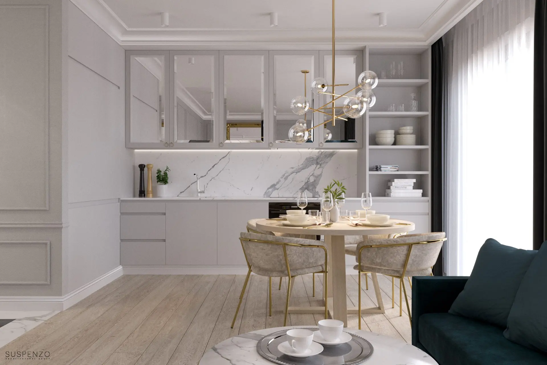 Kuchnia szara z marmurowymi płytkami