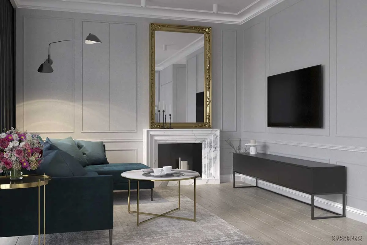 Salon z zielonym narożnikiem i marmurowym stolikiem kawowym