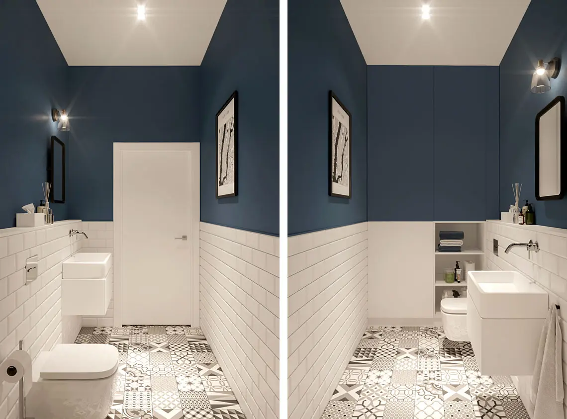 Stylowa łazienka z wzorzystą podłogą, tradycyjnymi kaflami i akcentem granatu | proj. Eg Projekt