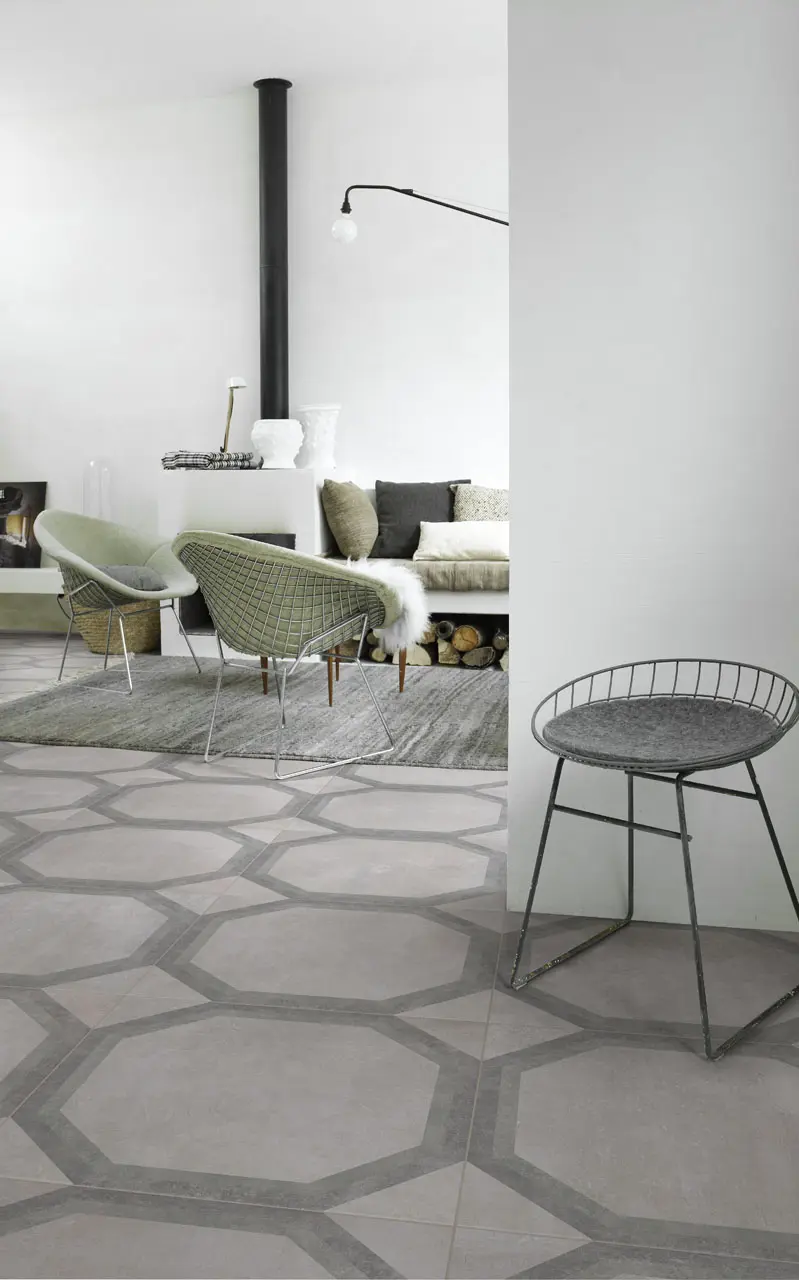 Płytki heksagonalne w salonie z linii Boulevard Metropolitan od Lea Ceramiche