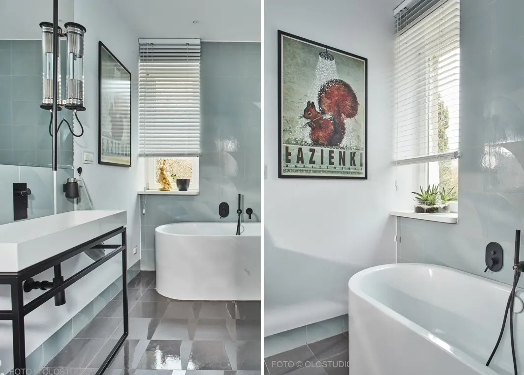 Projekt łazienki Hanna Kłyk w łazience na ścianie i na podłodze płytki Mutina Numi